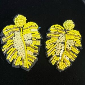 Beautiful Seed Bead and Sequin Yellow Leaf Earrings